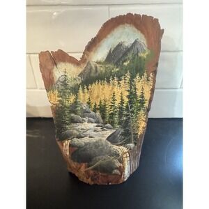 Original Mountain Stream Landscape Oil Painting on Wood Slab (Signed)